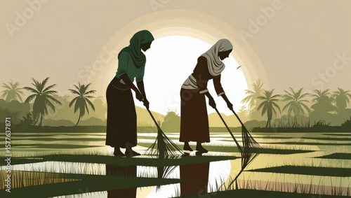 Women Working in Rice Fields at Sunrise