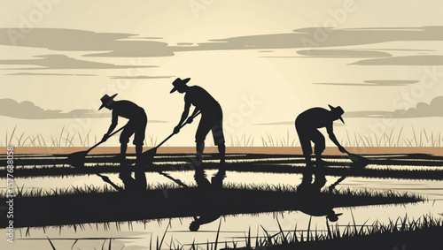 Farmers Working in Paddy Fields at Sunrise