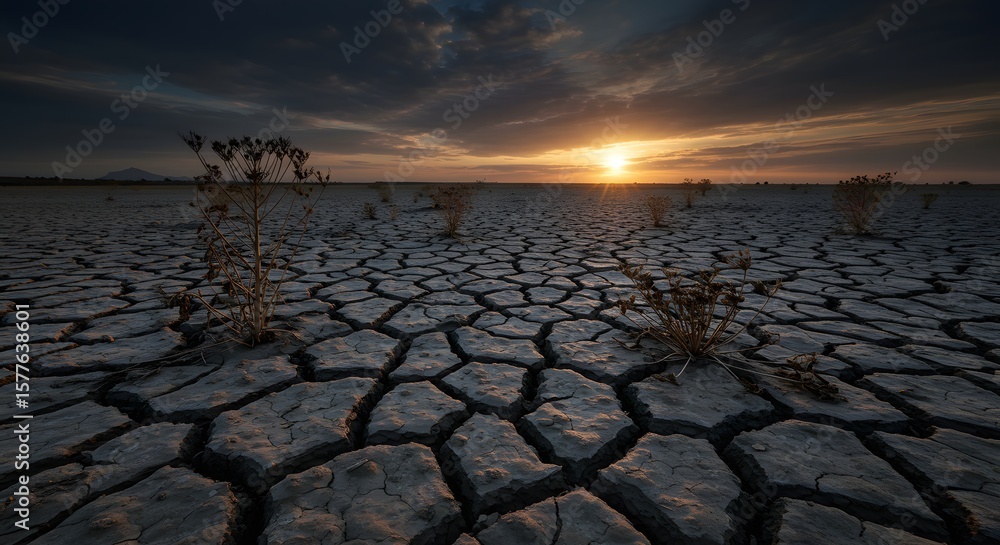 Obraz premium Sunset over Cracked Earth: Arid Landscape at Golden Hour