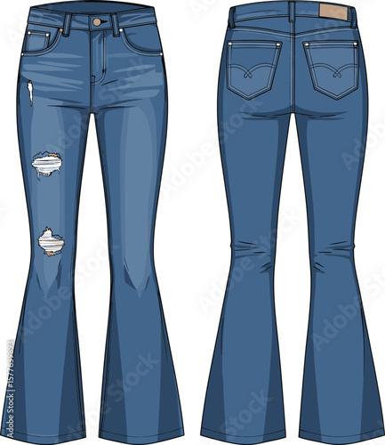 Flared Bell-Bottom Jeans with Distressed Detail: Casual and Trendy Fashion Illustration
