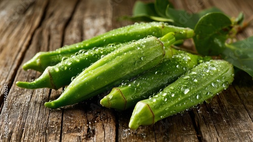 fresh green ladyfinger vegetables glistening with morning dew on a rustic wooden table