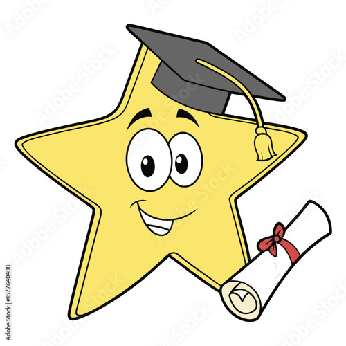 Smiling cartoon star wears a graduation cap and holds a diploma scroll happily