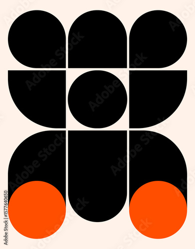 Minimalist geometric illustration of an abstract bear figure created with bold black and orange semicircles and rounded shapes on a soft beige background