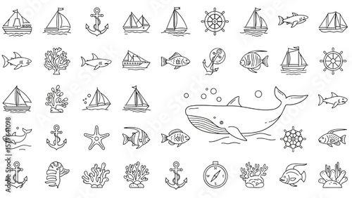Marine Life and Nautical Line Icon Set – Sea Creatures, Sailboat, Lighthouse, Anchor, Compass, Coral Reef Vector Illustration
