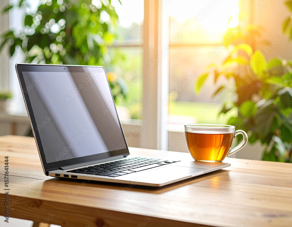 Laptop and cup of tea on the table, natural light from the glass window Laptop and cup of tea on the table, natural light from the glass window