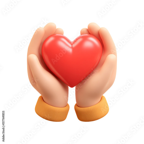 3d icon of cartoon hands gently holding a red heart, isolated on transparent background isolated on transparent background