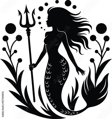 Black Mermaid Silhouette Holding a Trident Vector Illustration