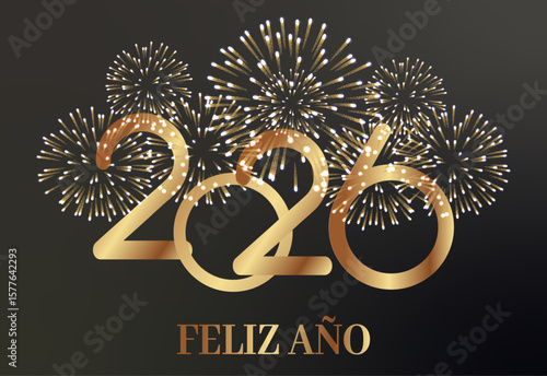 Tarjeta o pancarta para desear un feliz año nuevo 2026 en dorado con un fuego artificial dorado sobre un fondo negro detrás.