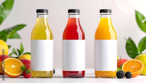 Three bottles of fruit juice, various colors