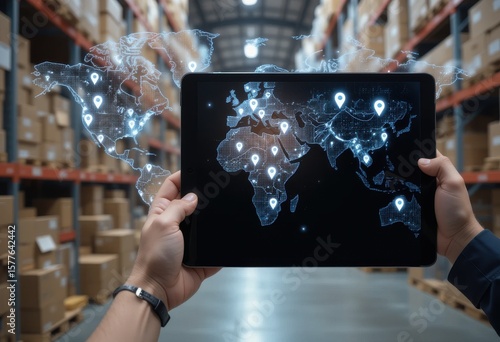 Global supply chain digitization through digital map displayed on tablet