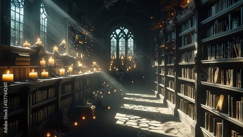 Illuminated bookshelves and burning candles create a warm ambiance in this academic library, showcasing knowledge and quiet reflection.