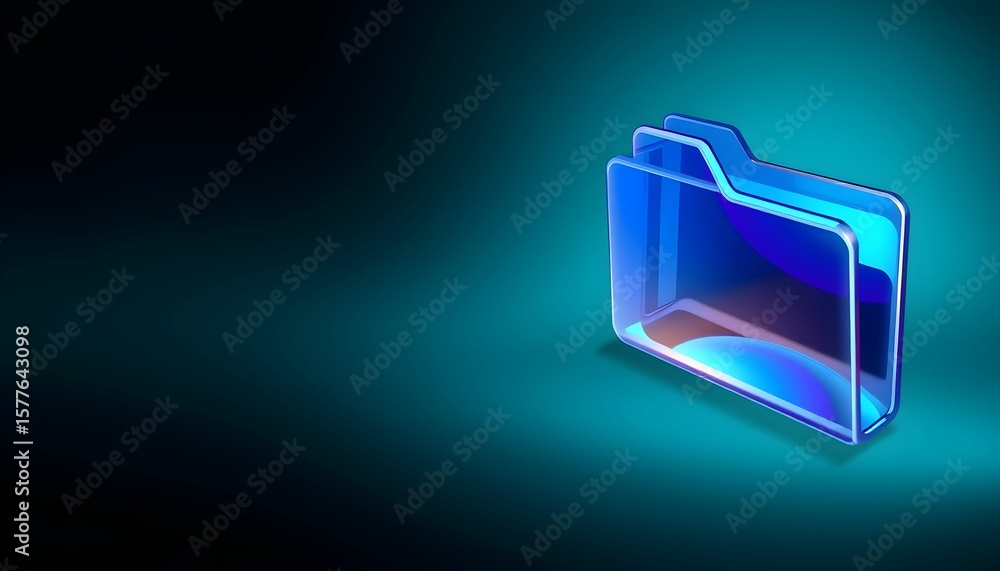 Fototapeta premium A glossy, translucent blue folder icon stands out against a dark teal background, suggesting digital organization.