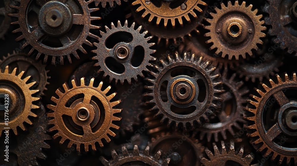 A close-up of a rusty, metallic gear mechanism with a dark, industrial background. A close-up of a rusty, metallic gear mechanism with a dark, industrial background.