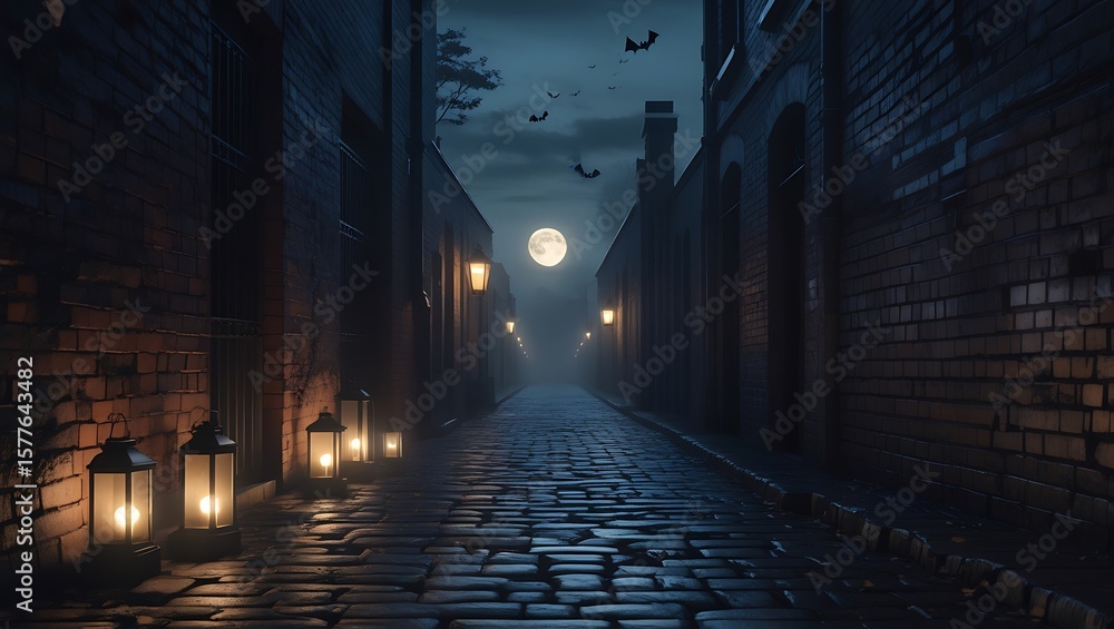 Fototapeta premium Moonlight illuminates a cobblestone street in a mysterious alleyway, lanterns casting a spooky glow on the brick buildings.