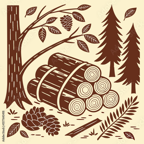 Rustic Forest Pattern Stacked Wood Logs, Bark Textures, and Pine Cones Illustration