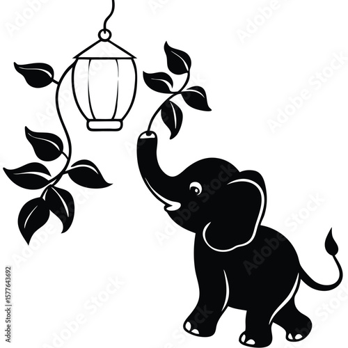 Adorable Elephant Silhouette Reaching for Light and Leaves