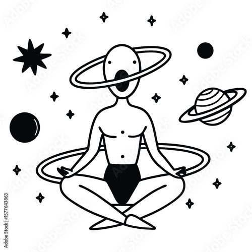 Cosmic Meditation Silhouette of a Hovering Alien in a Meditative Pose