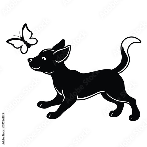 Silhouette of Playful Puppy Chasing Butterflies A Whimsical Vector Illustration