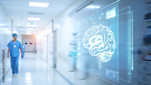 Brain scan in hospital hallway, new technology in healthcare, Doctors walking in medical center with digital brain illustration, innovative care