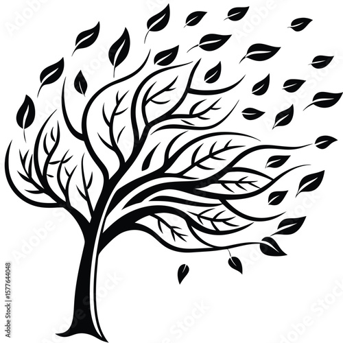 Windswept Silhouette A Tree Shedding Leaves in Motion - Vector EPS Illustration