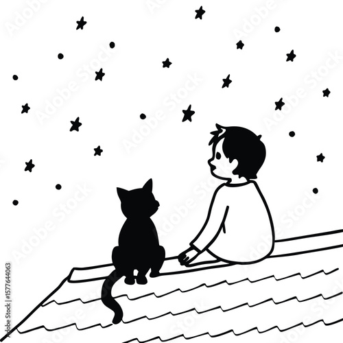 Silhouette of Child and Cat Stargazing A Nighttime Adventure Illustration