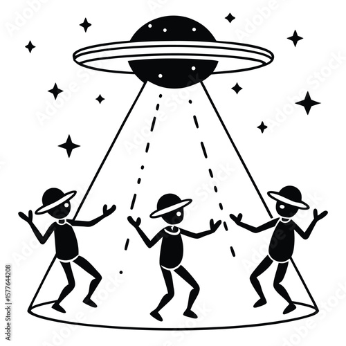 Silhouette of Three Aliens Dancing Under UFO Beam Cosmic Dance Party Vector Illustration