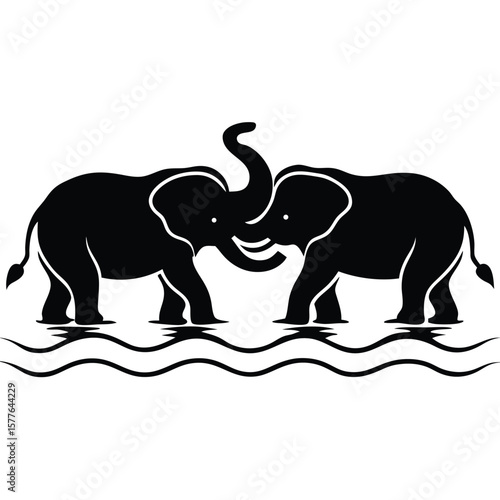Silhouette of Two Elephants Playfully Wrestling in Shallow Water