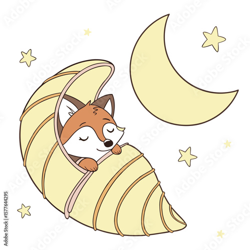 Adorable Sleeping Fox Cub in Crescent Moon Blanket Illustration