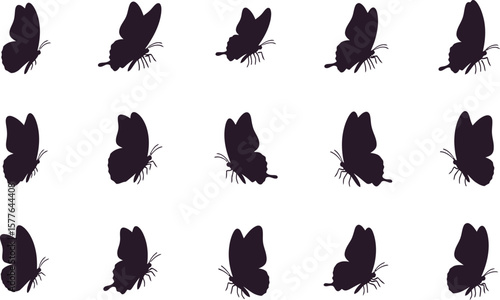 Fifteen butterfly silhouettes arranged in rows against a plain white background image