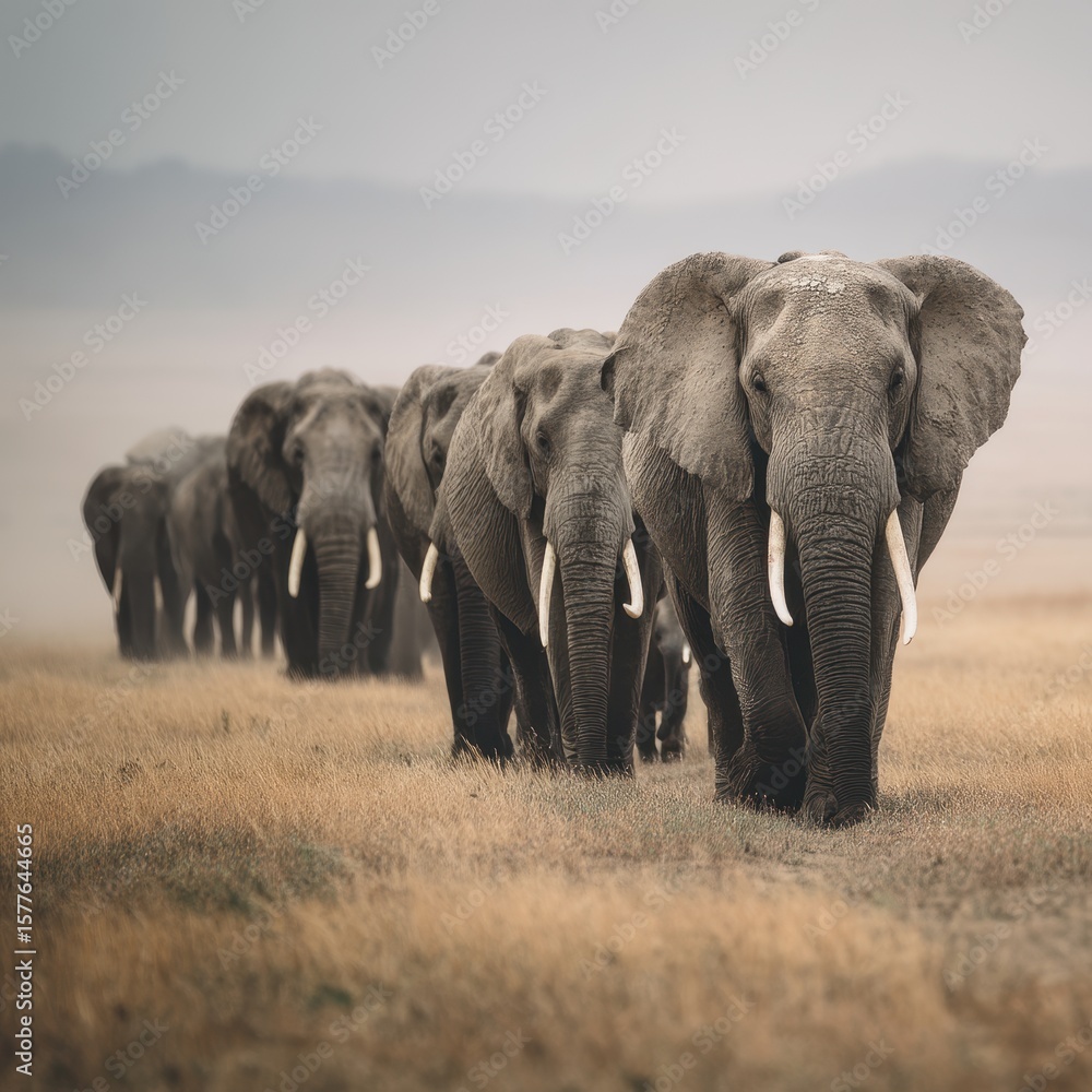Obraz premium African elephants with tusks and their babies graze on grass in the wild savannah