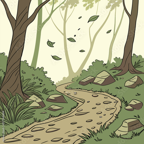 Wind-Blowing Through an Empty Forest Path Serene Nature Illustration