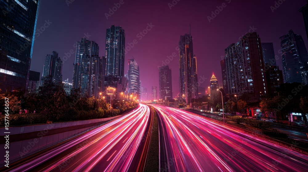 Fototapeta premium Highway at night, lit up Skyscrapers, Dark Purple and Wine Red gradients, Steel, Concrete, lights