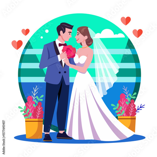 A flat style illustration showing a romantic couple