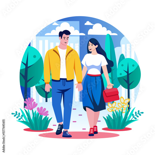 A flat style illustration showing couple going on honeymoon