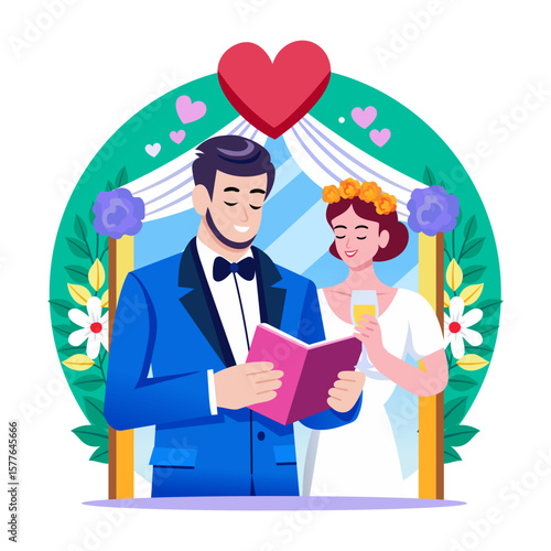 A flat style illustration showing couple reading vows