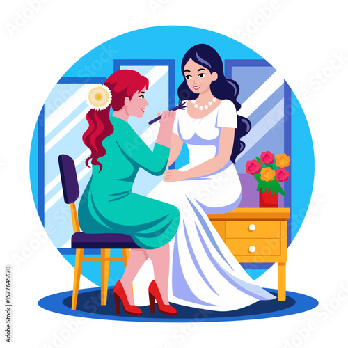 A flat style illustration showing a person doing bride makeup