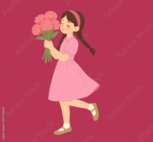 Girl holding pink peonies, smelling the flowers, and wearing a pink dress