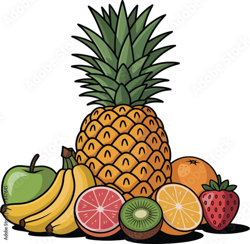 Assortment of fresh tropical and citrus fruits isolated on transparent background