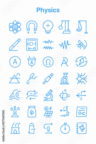 Collection of physics icons, illustrating scientific concepts and elements.
