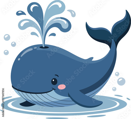 Cute cartoon blue whale spouting water and bubbles isolated on transparent background