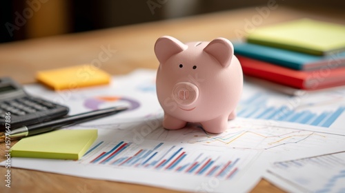 Investment Strategy Setup, Piggy bank, notes, and graphs on workspace, Economic Growth Concept