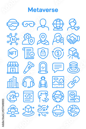 A collection of blue line icons representing metaverse concepts, including VR, NFTs, security, and digital interaction.