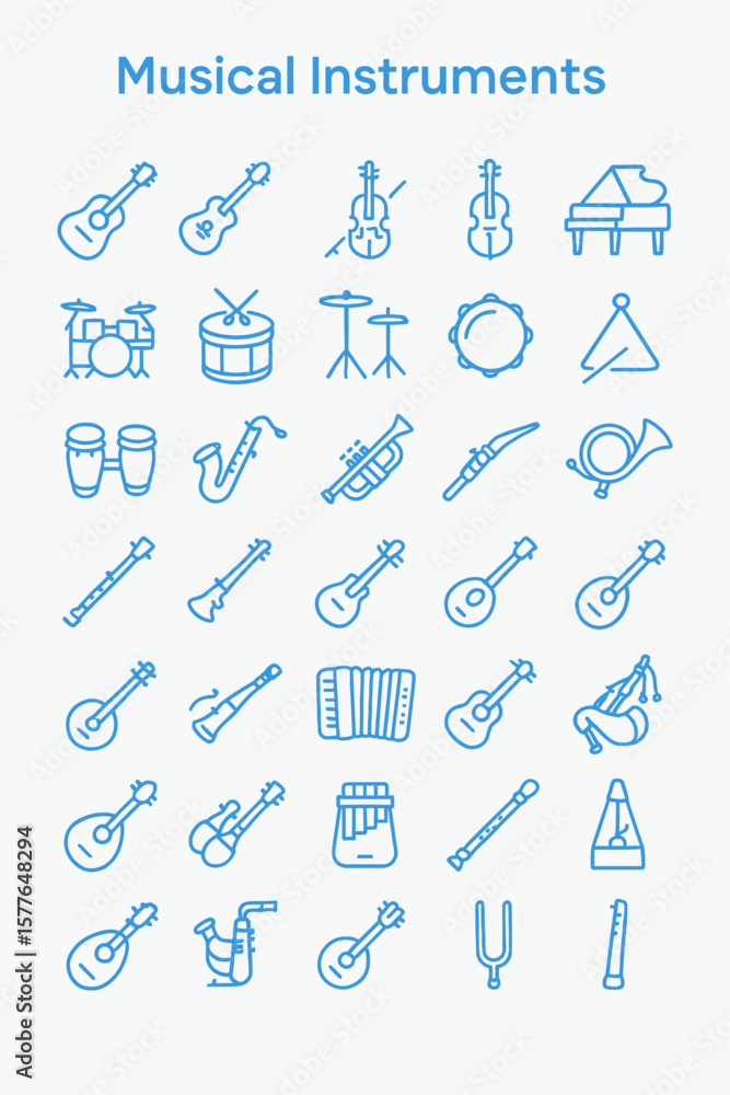 A collection of illustrated musical instruments, presented in a linear outline style. A collection of illustrated musical instruments, presented in a linear outline style.