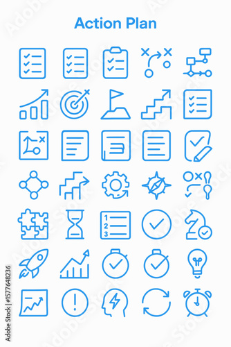 Action plan icons set, showing checklist, target, steps, puzzle, rocket, and lightbulb, all in blue outline.