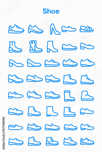 A collection of shoe icons in various styles, including sneakers, boots, heels, and sandals, arranged in rows.