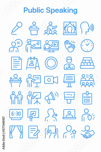 Collection of simple, light-blue line icons depicting various aspects of public speaking, from presentations to audiences and microphones.