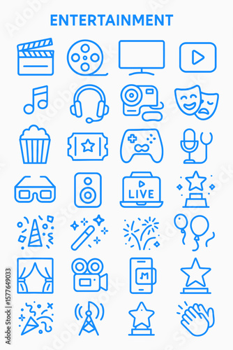 Collection of simple line art icons representing various entertainment activities.