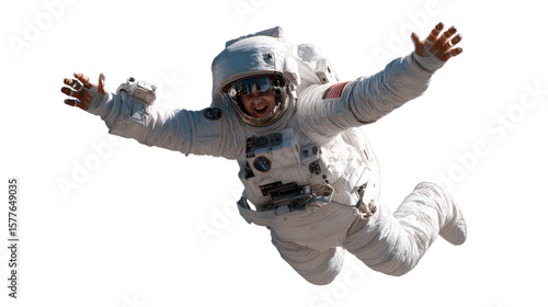 Astronaut's weightless Joy: A daring astronaut floats in the boundless expanse, their arms outstretched in joyous abandon, against the backdrop of an endless, celestial void.