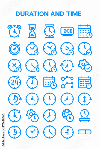 A collection of blue line icons representing time, duration, and scheduling concepts arranged in a grid.