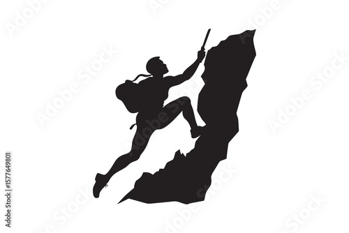 Mountain Climber Ascending a Cliff Face with Ice Axe in Black Silhouette Style Against a White Background Isolated for Versatile Design silhouette